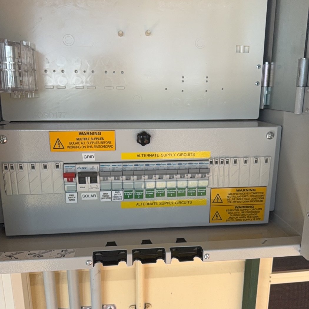 Battery backup switchboard with essential supply circuits installed by Ultralec — Noosa Hinterland